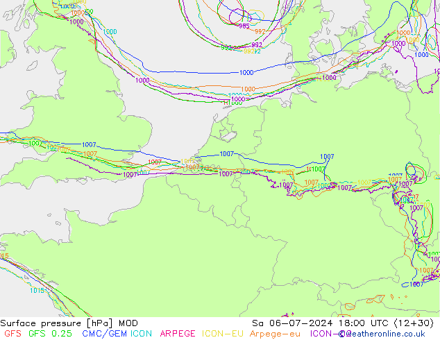 地面气压 MOD 星期六 06.07.2024 18 UTC