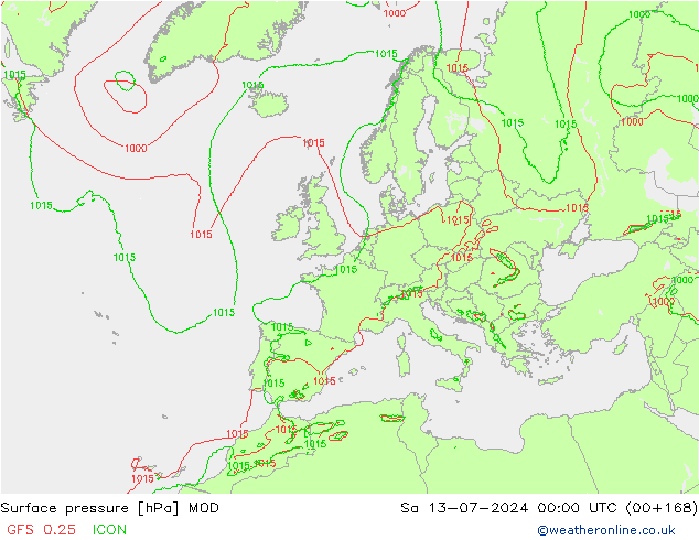 地面气压 MOD 星期六 13.07.2024 00 UTC
