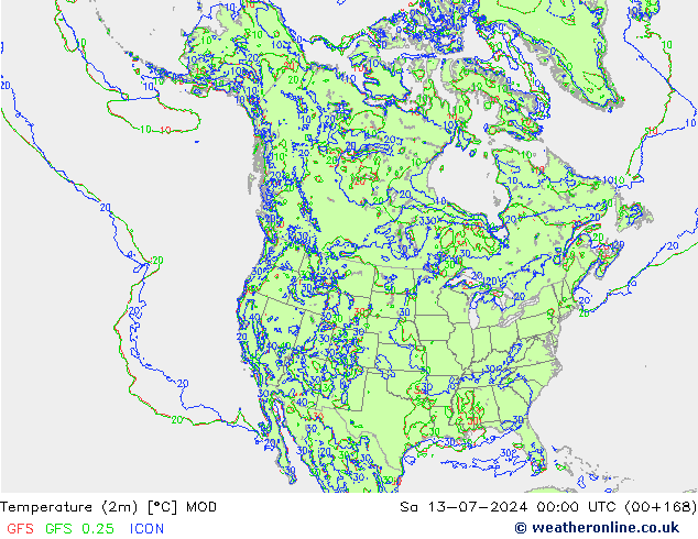 Temperatuurkaart (2m) MOD za 13.07.2024 00 UTC