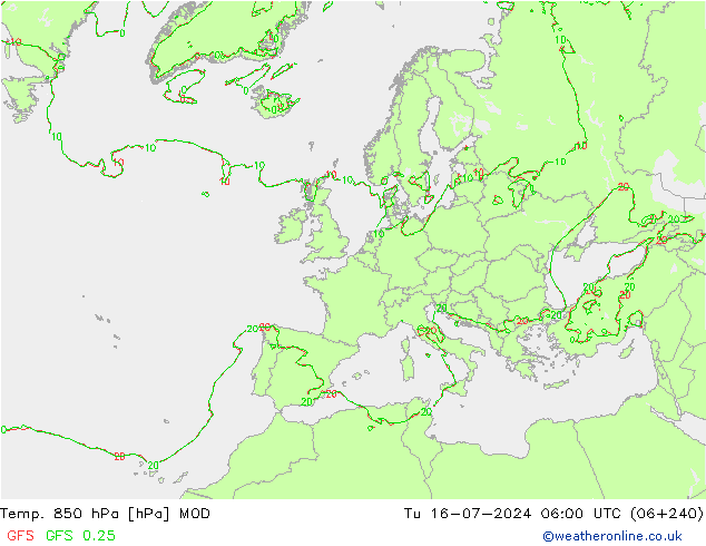 Temp. 850 hPa MOD 星期二 16.07.2024 06 UTC