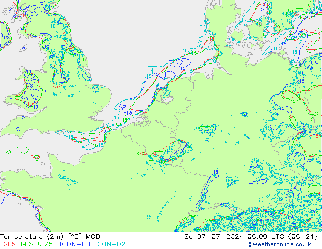 Temperatuurkaart (2m) MOD zo 07.07.2024 06 UTC