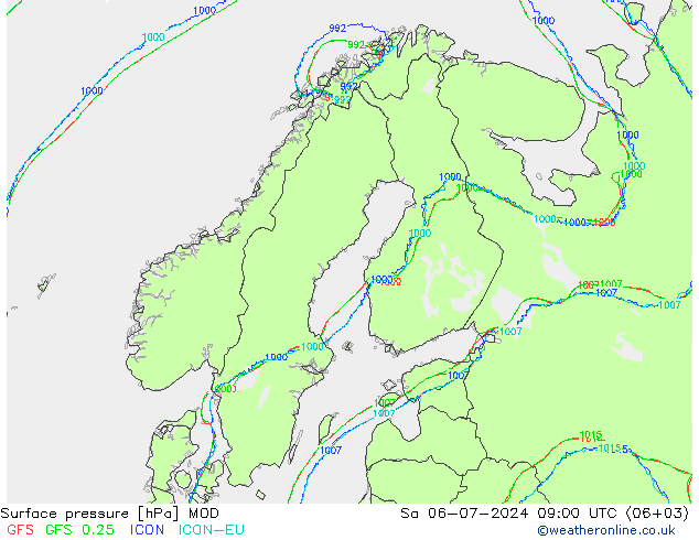地面气压 MOD 星期六 06.07.2024 09 UTC