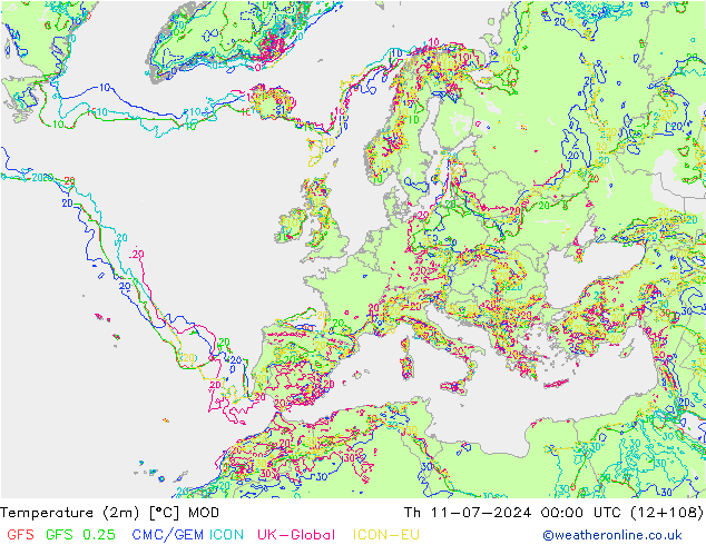 Temperatuurkaart (2m) MOD do 11.07.2024 00 UTC