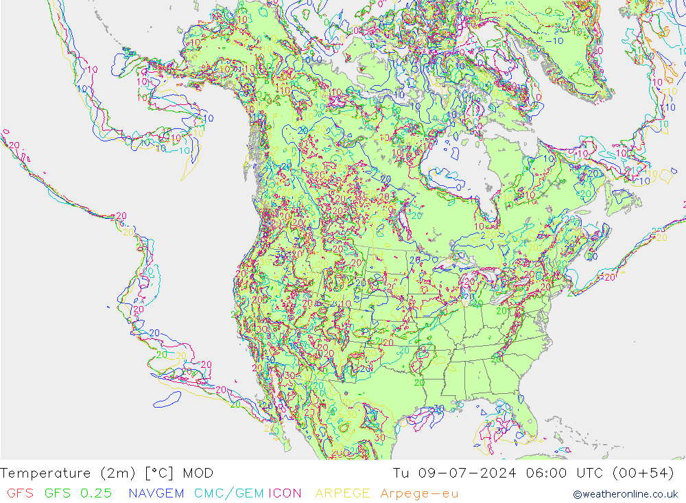 Temperatuurkaart (2m) MOD di 09.07.2024 06 UTC
