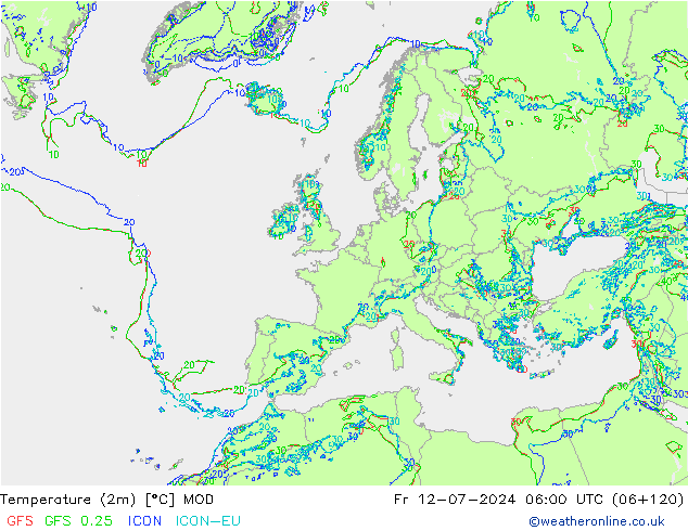 Temperatuurkaart (2m) MOD vr 12.07.2024 06 UTC