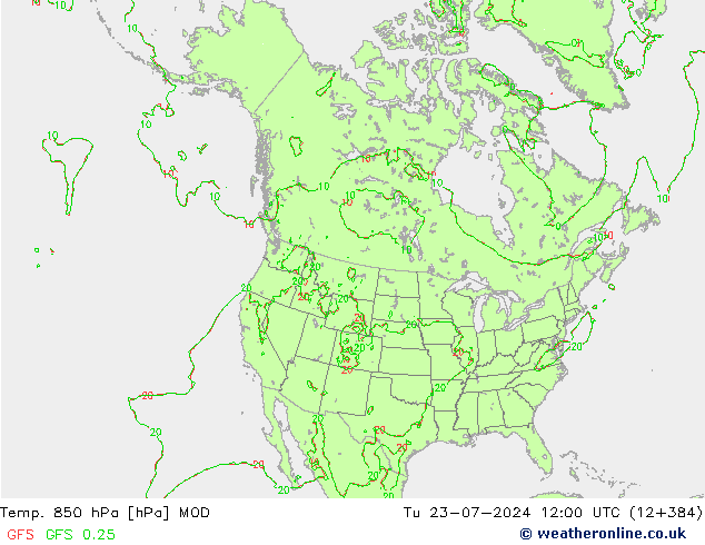 Temp. 850 hPa MOD 星期二 23.07.2024 12 UTC