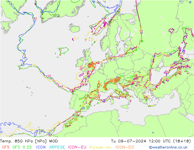 Temp. 850 hPa MOD di 09.07.2024 12 UTC