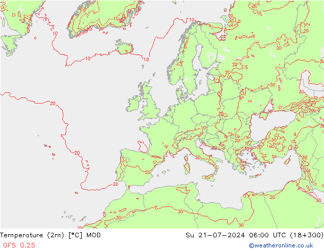 Temperatuurkaart (2m) MOD zo 21.07.2024 06 UTC