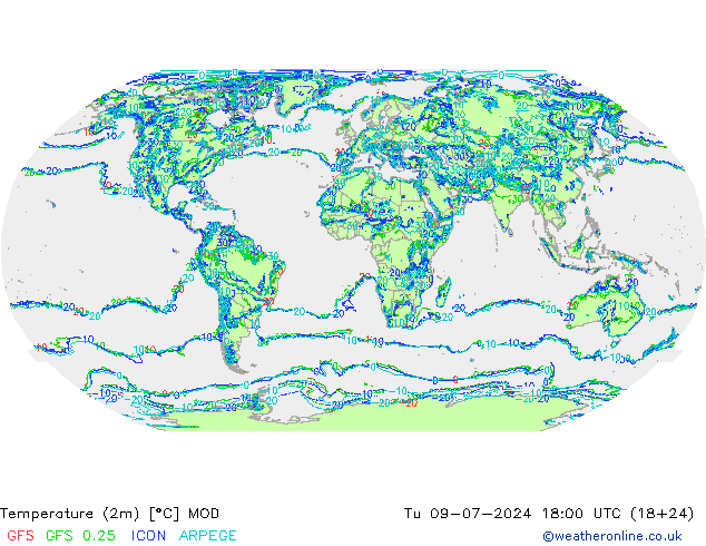 Temperatuurkaart (2m) MOD di 09.07.2024 18 UTC