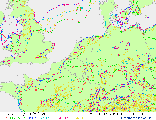Temperatuurkaart (2m) MOD wo 10.07.2024 18 UTC