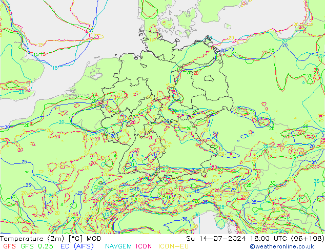 Temperatuurkaart (2m) MOD zo 14.07.2024 18 UTC