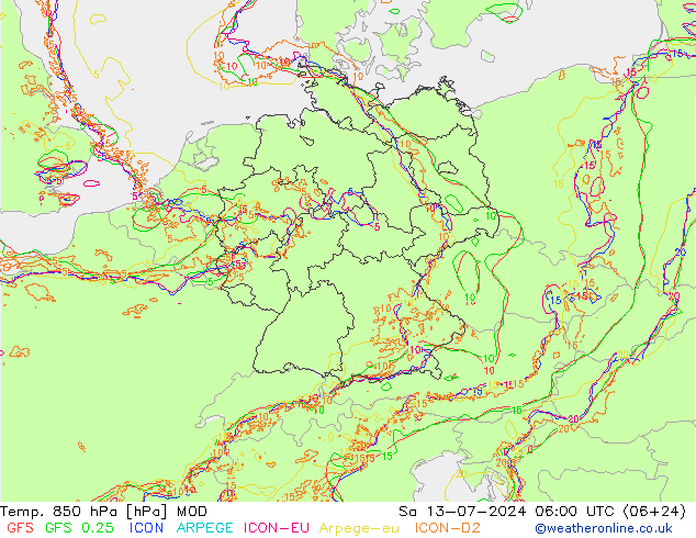 Temp. 850 hPa MOD 星期六 13.07.2024 06 UTC