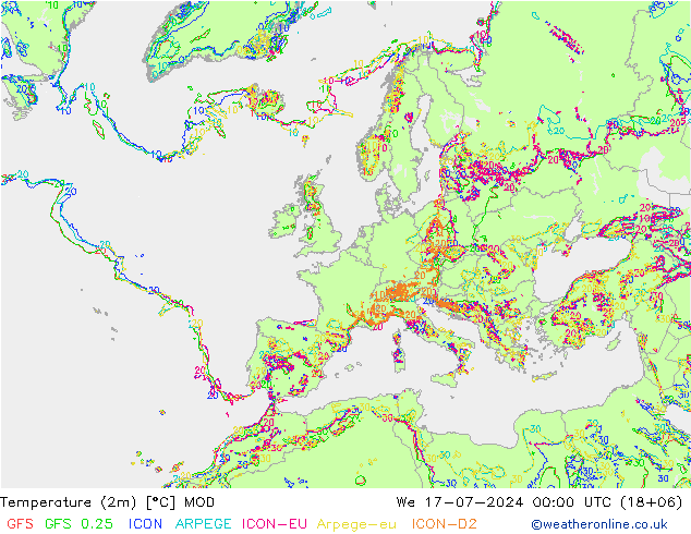 Temperatuurkaart (2m) MOD wo 17.07.2024 00 UTC