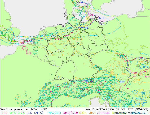 Luchtdruk (Grond) MOD wo 31.07.2024 12 UTC