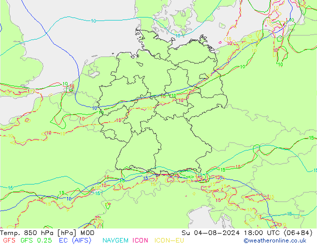 Temp. 850 hPa MOD 星期日 04.08.2024 18 UTC