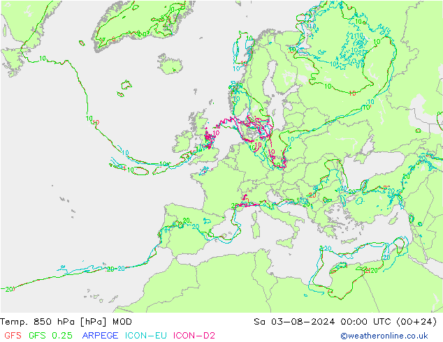 Temp. 850 hPa MOD 星期六 03.08.2024 00 UTC