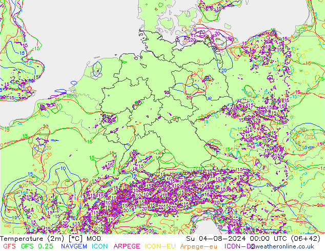 Temperatuurkaart (2m) MOD zo 04.08.2024 00 UTC