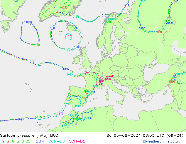 地面气压 MOD 星期六 03.08.2024 06 UTC