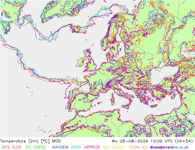 Temperatuurkaart (2m) MOD ma 05.08.2024 12 UTC