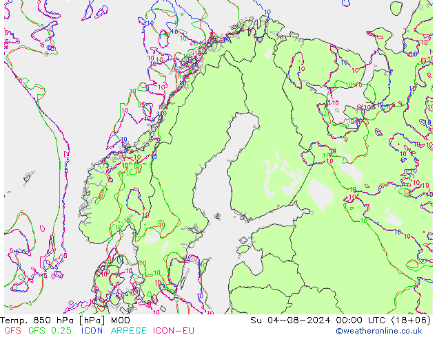 Temp. 850 hPa MOD zo 04.08.2024 00 UTC