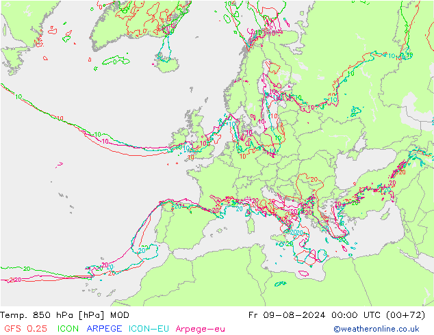 Temp. 850 hPa MOD 星期五 09.08.2024 00 UTC