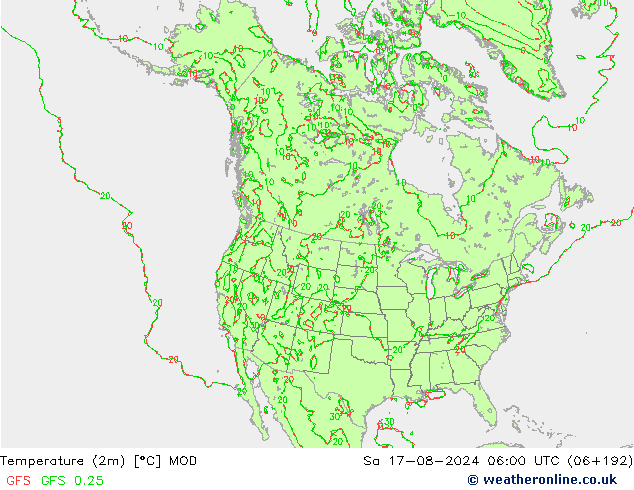 Temperatuurkaart (2m) MOD za 17.08.2024 06 UTC