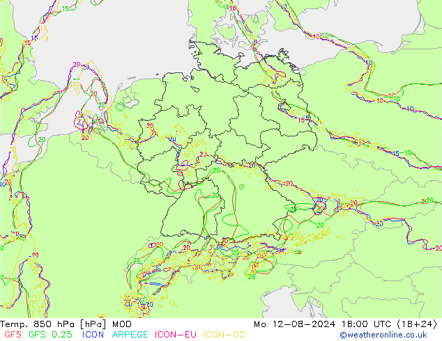 Temp. 850 hPa MOD ma 12.08.2024 18 UTC