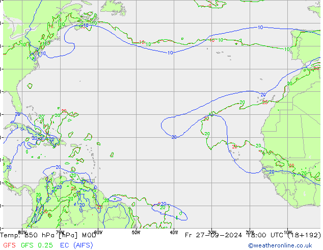 Temp. 850 hPa MOD ven 27.09.2024 18 UTC