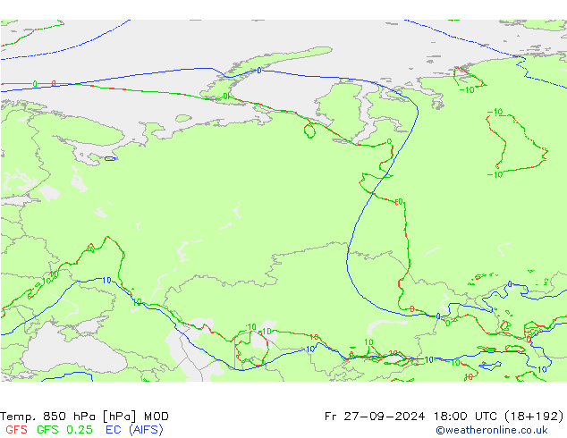 Temp. 850 hPa MOD Fr 27.09.2024 18 UTC