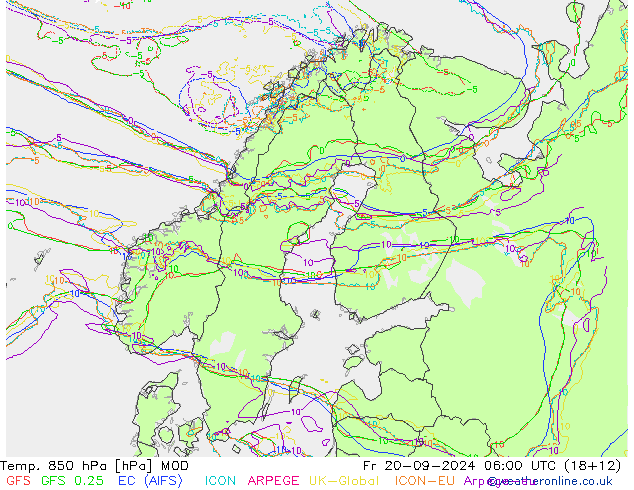 Temp. 850 hPa MOD Fr 20.09.2024 06 UTC