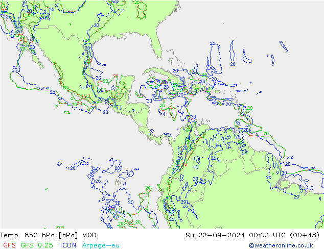 Temp. 850 hPa MOD zo 22.09.2024 00 UTC