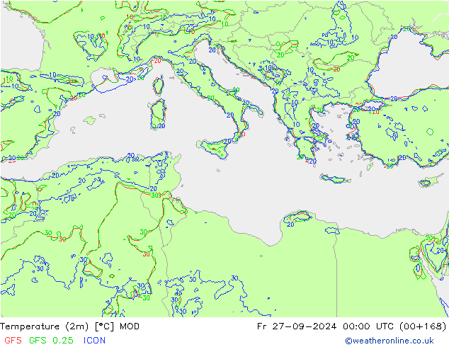 Sıcaklık Haritası (2m) MOD Cu 27.09.2024 00 UTC