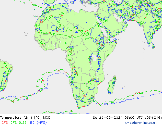 Temperature (2m) MOD Su 29.09.2024 06 UTC