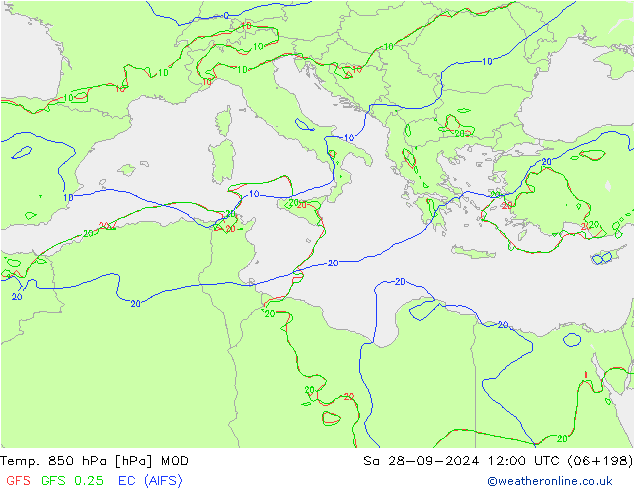 Temp. 850 hPa MOD Sa 28.09.2024 12 UTC