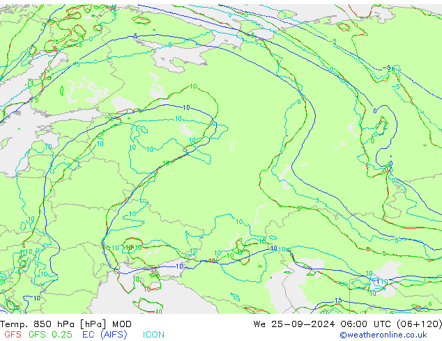 Temp. 850 hPa MOD mer 25.09.2024 06 UTC