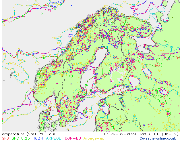 Temperaturkarte (2m) MOD Fr 20.09.2024 18 UTC