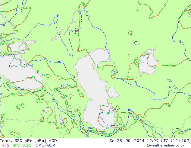 Temp. 850 hPa MOD Sa 28.09.2024 12 UTC