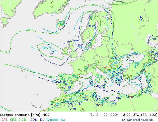 Atmosférický tlak MOD Út 24.09.2024 18 UTC