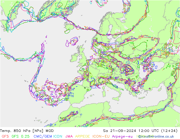 Temp. 850 hPa MOD Sa 21.09.2024 12 UTC