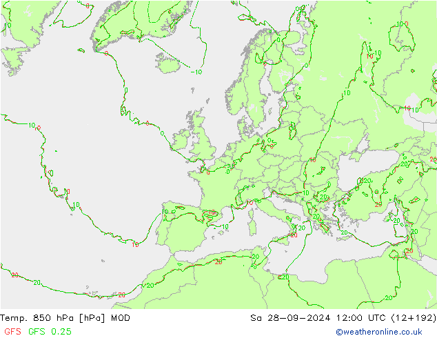 Temp. 850 hPa MOD Sa 28.09.2024 12 UTC