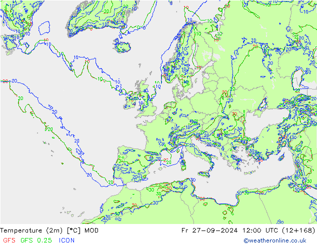 Temperatuurkaart (2m) MOD vr 27.09.2024 12 UTC