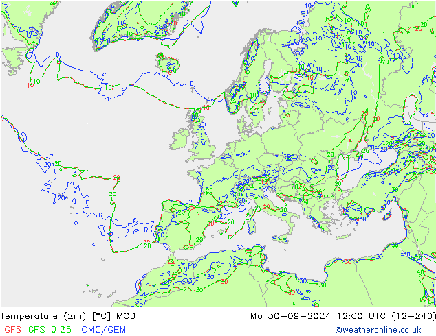 température (2m) MOD lun 30.09.2024 12 UTC