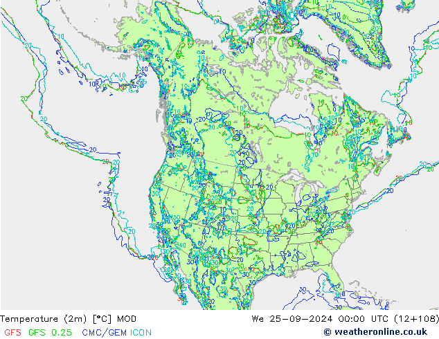 température (2m) MOD mer 25.09.2024 00 UTC