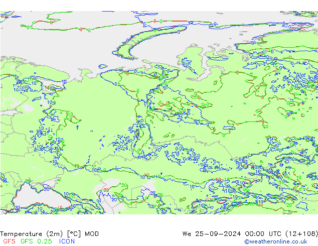 Temperatuurkaart (2m) MOD wo 25.09.2024 00 UTC