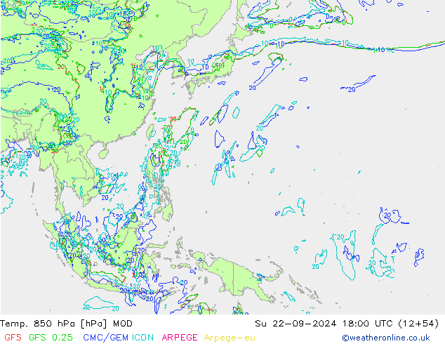 Temp. 850 hPa MOD  22.09.2024 18 UTC