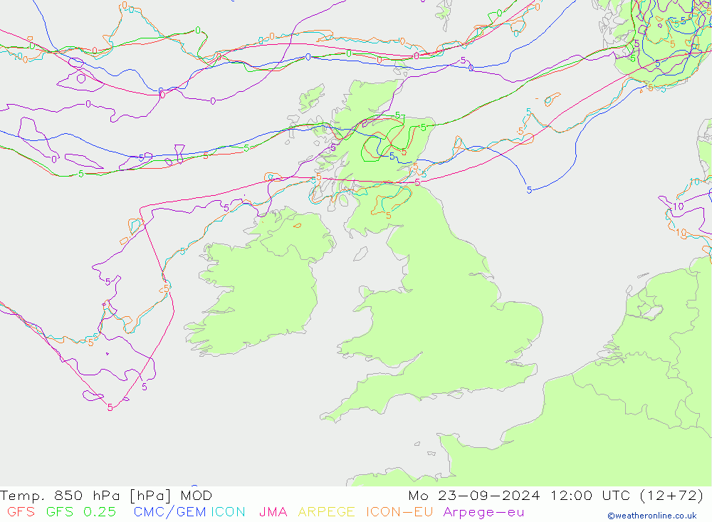 Temp. 850 hPa MOD Po 23.09.2024 12 UTC