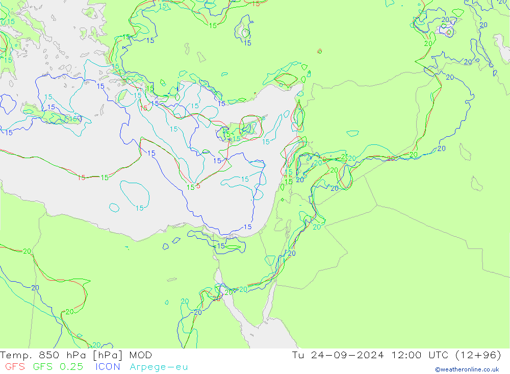 Temp. 850 hPa MOD  24.09.2024 12 UTC