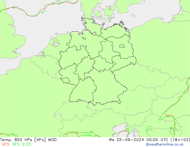 Temp. 850 hPa MOD We 25.09.2024 00 UTC