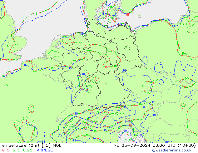 Temperaturkarte (2m) MOD Mo 23.09.2024 06 UTC