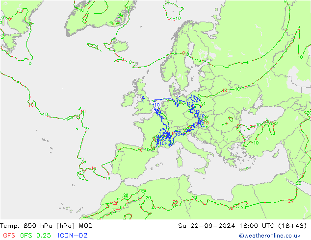 Temp. 850 hPa MOD So 22.09.2024 18 UTC